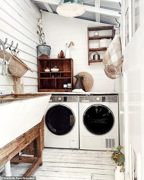 Mum, 31, reveals how she turned her old and shabby veranda into a beautiful farmhouse laundry | Daily Mail Online Victorian Style Laundry Room, Laundry Country Farmhouse Style, Victorian House Laundry Room, Victorian Home Laundry Room, Laundry Porch, Laundry Room Old House, Outdoor Laundry Rooms, Outdoor Laundry, 1920s Home