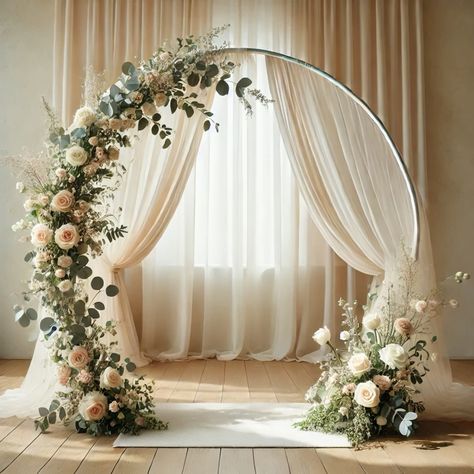 Floral Arch With Drapes, Wedding Arch Round Flowers, Circle Archway Wedding, Half Circle Arch Wedding, Circle Altar Wedding, Round Wedding Arch With Flowers, How To Make A Wedding Arch Diy, Arch For Wedding Ceremony Diy, Round Wedding Arch With Fabric