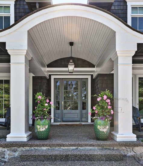 Beautiful cedar shake lake house with timeless appeal in Michigan Craftsman Front Door With Sidelights, Craftsman Front Door, Front Door With Sidelights, Door With Sidelights, Wood Table Rustic, Front Porch Planters, Pretty Houses, Porch Ceiling, Porch Planters