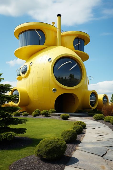 Futuristic yellow home in the shape of a submarine Afrofuturism Architecture, Futuristic House Architecture, Futuristic Architecture Home, Utopian Architecture, Futuristic Home Design, Futuristic Gadgets, Homes Architecture, Futuristic House, Exotic Homes