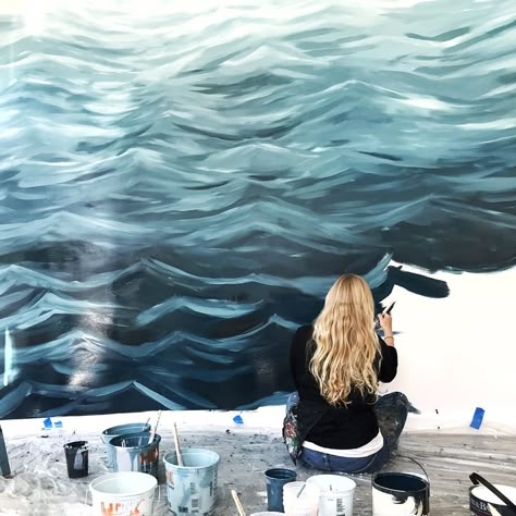 Wave Mural Bedroom, Waves Painted On Wall, Water Wall Mural, Wave Mural Wall Art, Ocean Mural Painting, Ocean Mural Bedroom, Calming Mural, Ocean Wall Painting, Coastal Mural