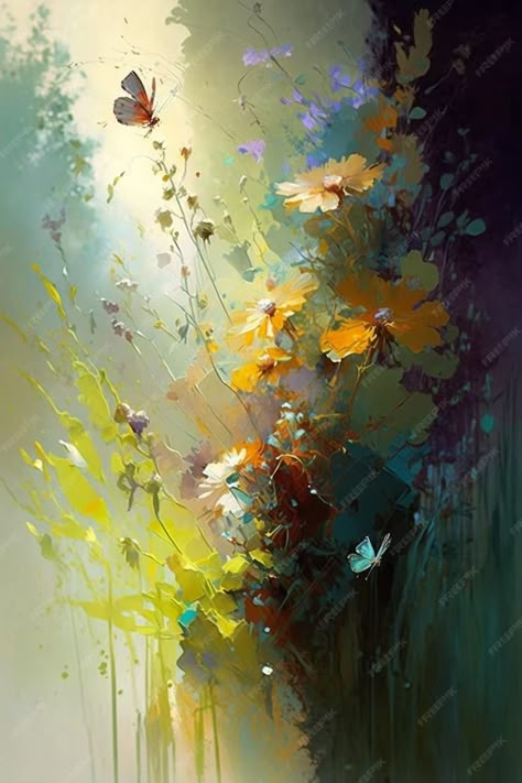 Premium AI Image | A painting of flowers with the sun shining on it. Flower Oil Paintings, Abstract Painting Flowers, Oil Colored Art, Abstract Flowers Painting, Sky With Flowers Painting, Flower Oil Painting, Paintings Of Butterflies And Flowers, Butterfly On Flower Painting, Flowers Impressionism