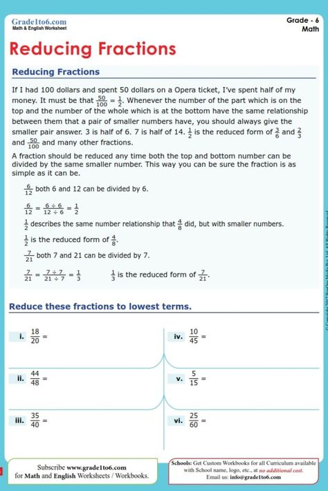 Reducing Fractions worksheet for Grade 6. 6000 plus Math & English worksheets for Grade 1 to Grade 6 for CBSE/ NCERT/SCERT, ICSE, IB (PYP/MYP), Singapore Math, Cambridge Primary, UK National, K6, Common core standards, Australian, New Zealand & all International Curriculum Subscribe www.grade1to6.com for $6 or Rs 450 a YEAR only!! #grade6 #decimals #decimalnumbers #mathworksheets #englishworksheets #math #mathematics #school #teacher #cbse #ncert #pyp #mypmath #pypteacher English Worksheets For Grade 1, Grade 6 Math Worksheets, Reducing Fractions, Cambridge Primary, Free Math Printables, Worksheets For Grade 1, Grade 6 Math, Math English, Fractions Worksheets