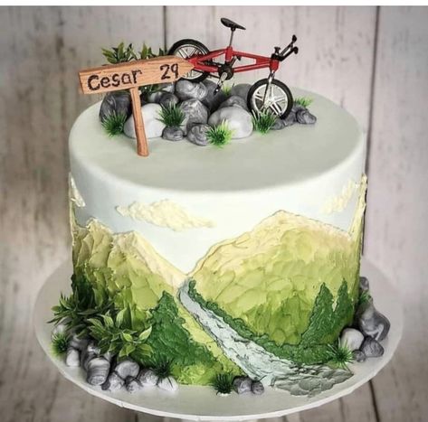 Mountain Biking Cake, Mountain Cake Ideas, Hiking Cake Ideas, Nature Theme Cake, Mountain Cakes, Hiking Cake, Landscape Cake, Mountain Bike Cake, Tort Special