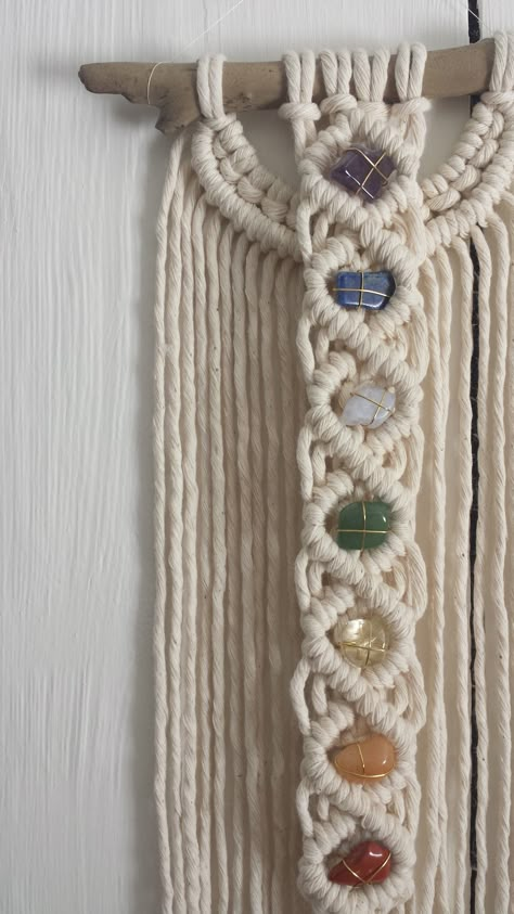 Craft With Crystals, Macrame Crystal Holder Diy, Macrame Chakra Wall Hanging Tutorial, Macrame With Crystals Diy, Macrame Crystal Hanger Tutorial, Macrame Ceiling Hanging, Macrame And Crystals, Macrame Wall Hanging With Crystals, Macrame With Crystals