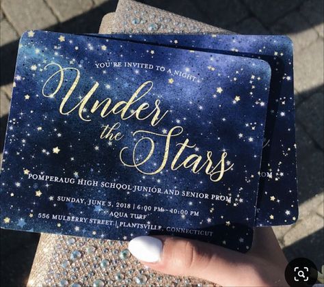 Under The Stars Prom Invitations, Moon And Stars Prom Theme, Midnight Debut Theme, 18th Blue Theme, A Night Of A Thousand Lights Prom Theme, Sweet 16 Galaxy Theme, Under The Stars Banquet Theme, Sweet 16 Galaxy Theme Party Ideas, Written In The Stars Party Theme