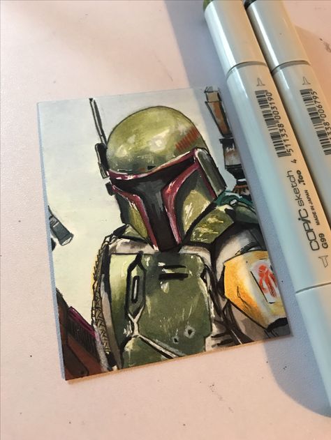 Boba Fett sketch on artist trading card. #bobafett #starwars #sketchcard #copic #prismacolor #markers #sketch #strathmore Prismacolor Markers, Artist Trading Card, Sketch Cards, Pencil Painting, Copic Marker, Star Wars Pictures, Art Pencil, Marker Drawing, Boba Fett