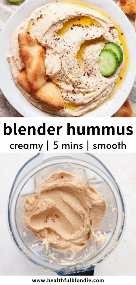 Learn how to make the easiest homemade blender hummus - it's creamy, smooth, lemony, and takes 5 minutes to make! There are over 10 flavor variations too. How To Make Homemade Hummus, Humus Recipes Homemade, Homeade Hummus, How To Make Hummus, How To Make Humus, Homemade Hummas, Mediterranean Recipes Appetizers, Blender Hummus, Quick Hummus Recipe