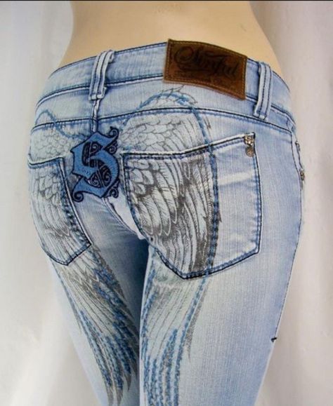 Sinful By Affliction, Sinful Affliction, Angel Jeans, Sinful Clothing, Affliction Jeans, Harley Davidson Clothing, 2000s Clothes, Comfy Jeans, Painted Denim