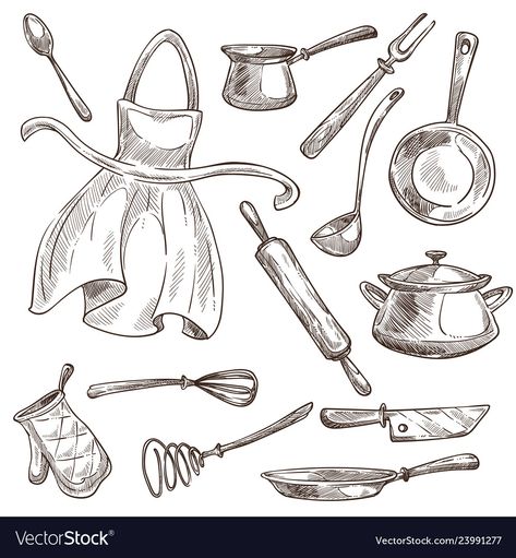 Cooking Tools Illustration, Kitchen Tools Drawing, Gloves Illustration, Gloves Drawing, Kitchen Drawing, Baking Stuff, Cooking Supplies, Vector Sketch, Blog Ideas