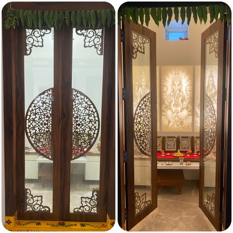 This pooja room door is a beautiful blend of modernity and tradition. The wood and glass construction is modern and stylish, while the floral designs and backlit images of goddess Lakshmi, Lord Ganesh, and goddess Saraswati add a touch of tradition. The overall effect is a serene and inviting space that is perfect for prayer and meditation. #architect #interiors #decor #poojaroom #poojaroomdoor #hinduism #goddesslakshmi #lordganesha #goddesssaraswati #prayer #meditation Simple Pooja Room Door Design Indian, Latest Pooja Room Door Designs, Pooja Room Door Design Traditional, Pooja Room Glass Door Designs, Pooja Room Door, Pooja Door, Pooja Door Design, Goddess Saraswati, Wooden Main Door