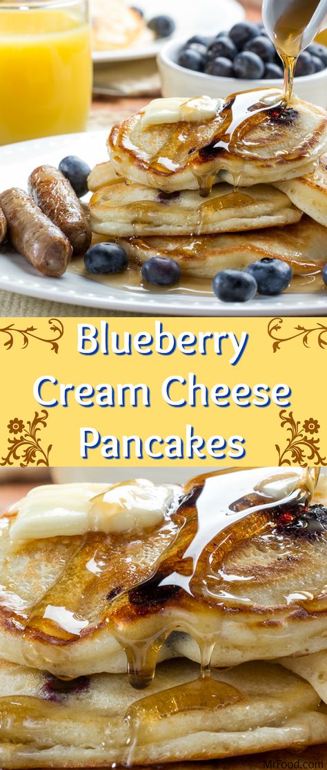 If you love to make pancakes from scratch, then you'll love our Blueberry Cream Cheese Pancakes! These easy pancakes are going to make breakfast time that much sweeter when blueberry season rolls around! Add in our secret ingredient, velvety cream cheese, and some juicy blueberries to these pancakes, and you'll be making the most decadent breakfast ever served. Blueberry Cream Cheese Pancakes, Blueberry Pancakes From Scratch, Blueberry Cheesecake Pancakes, Make Pancakes From Scratch, Blueberry Ideas, Pancake Ideas, Breakfast Pancakes Recipe, Decadent Breakfast, Easy Pancakes