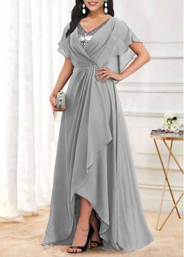 Formal Maxi Dress With Sleeves, Christmas Skirts, Gown Patterns, Baseboard Styles, Latest Dress For Women, V Neck Maxi Dress, Grey Maxi, Dress Occasion, Grey Maxi Dress