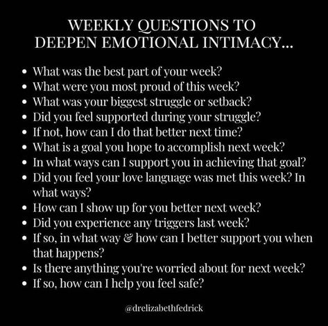 Dr. Elizabeth Fedrick on Instagram: "Weekly check-ins… One of the first (and ongoing) things I suggest for my couples clients is weekly check-ins! There are so many benefits of this time together, such as: •Knowing you have sacred time together each week. •Not having to wonder when there will be time to discuss important or difficult topics. •Practicing communication skills. •Learning about each other on a deeper level. •Creating opportunity to promote safety and nurturance in your dynami What Is A Goal, Emotional Intimacy, Mind Reading, Relationship Boundaries, Relationship Lessons, Wants And Needs, Relationship Therapy, Marriage Help, Relationship Advice Quotes