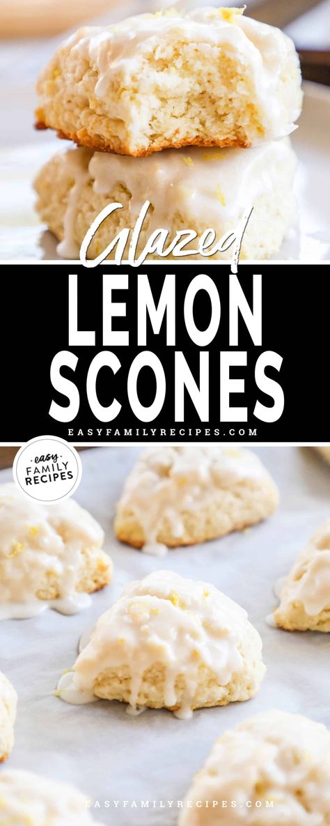 Glazed Lemon Scones · Easy Family Recipes Lemon Scones Recipe, Scones And Clotted Cream, Baked Scones, Weekend Brunch Recipes, Sweet Glaze, Orange Scones, Lemon Scones, Scones Easy, Frozen Lemon