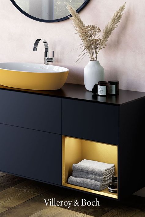 Our Artis washbasins are the definition of diversity. They come in four different shapes, various colours and look amazing in combination with our Finion vanity units. // einrichtungsideen bathroom badezimmer luxury apartment colour color inspiration colorful design ideas modern home spa wellness small space guest gäste bad bunt farbenfroh farbtrends interior trends 2023 Villeroy & Boch Interior Trends 2023, Colourful Bathroom, Green Sink, Spa Wellness, Bathroom Color, Luxury Apartment, Trends 2023, Vanity Unit, Home Spa