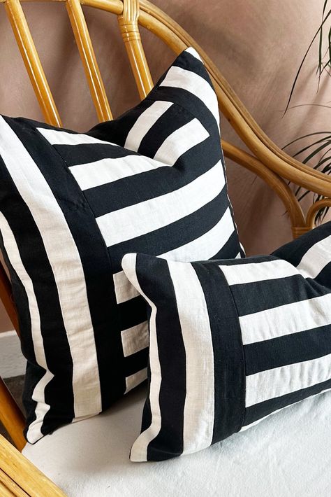 Geometric, monochrome, handmade and 100% linen, our square patchwork cushion in bold black and white ticks boxes for its distinctive style. It coordinates beautifully with our striped black and white bedcovers but use it anywhere to add some monochrome flamboyance to your living space. This listing is for a limited edition design with black and white geometric stripes on one side and a plain black thick linen back. It's lovingly handmade by us using all-natural quality linen with a cotton lining White Bedcovers, Square Patchwork, Geometric Patchwork, Patchwork Cushion, Vintage Kantha, Plain Black, Bold Black, Ticks, White Linen