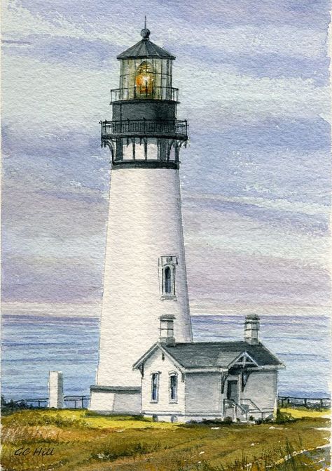 Hill Watercolor, Lighthouse Drawing, Gray Clouds, Lighthouse Painting, Lighthouse Pictures, Lighthouse Art, Beautiful Lighthouse, 수채화 그림, Watercolor Landscape Paintings