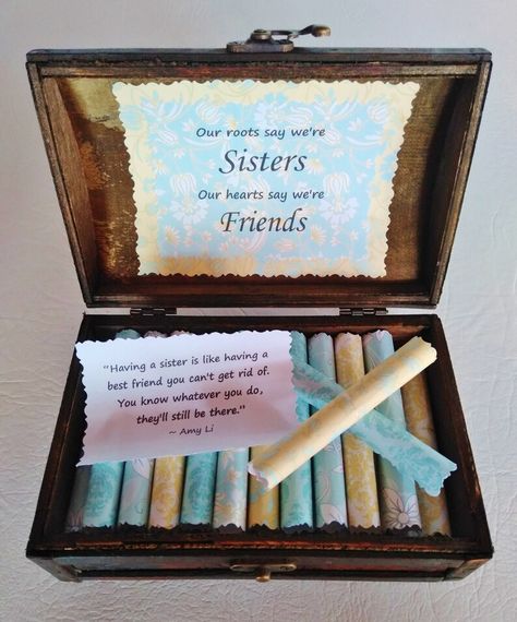 Pictured is an open wood jewelry box. Inside the box are scrolls, each has a different meaningful quote about sisters. Inside the lid of the box, printed on decorative paper, there is a sister quote. Quotes About Sisters, Sentimental Quotes, Alphabet Code, Little Sister Gifts, Birthday Sister, Big Sister Gifts, Christmas Gifts For Sister, Golden Thread, Sister Christmas