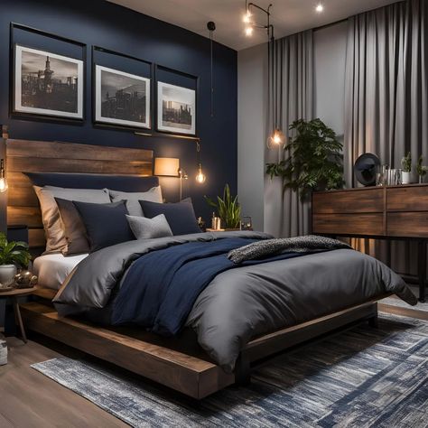 Men's Bedroom Bedding Sets for a Stylish Retreat Men Room Inspiration Bedroom, Black Grey Brown Blue Bedroom, Men Bedroom Furniture, Navy Bedroom Men, Dark Blue Masculine Bedroom, Navy Mens Bedroom, Master Bedrooms Decor Masculine, Sophisticated Boys Bedroom, Modern Luxury Bedroom Design Classy