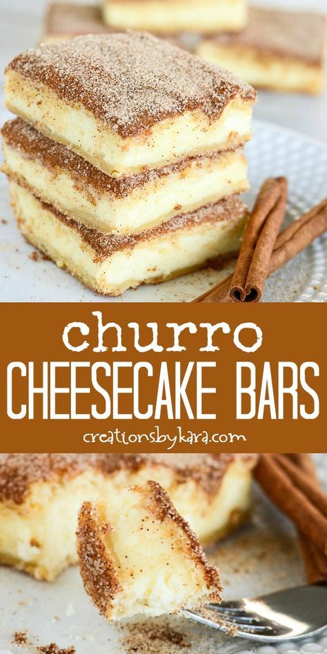 Cheesecake Churro, Churro Cheesecake Bars, Fancy Desserter, Biscotti Cheesecake, Cinnamon Desserts, Resepi Roti, Churro Cheesecake, Smores Dessert, Cheesecake Bar Recipes