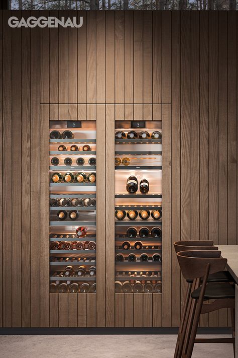 Modern Wine Cabinet, Wine House Design, Wine Bar Home, Modern Wine Fridge, Integrated Wine Fridge, Gaggenau Kitchen, Wine Bar Interior Design, Luxury Wine Cabinet Design, Wine Cabinet