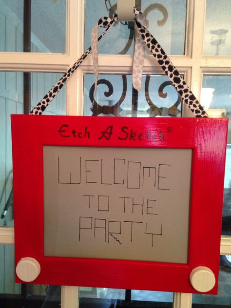 I made this Etch a Sketch Door Sign to welcome guests to a Toy Story themed birthday party - Check out more party designs at my FB page White Paper Parties and on Etsy too :) Toy Story Welcome Sign Party Ideas, Toy Themed Party, Toy Story Sign, Toy Story Themed Games, Toy Story Party Game, Toy Story Sayings, Toy Story Party Signs, Toy Story Birthday Decorations Diy, Toy Story Graduation Party