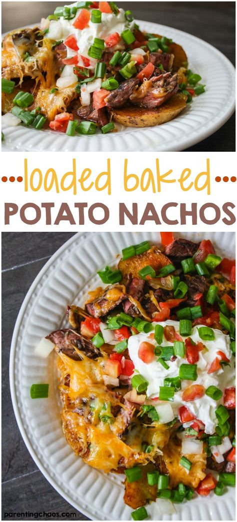 These delicious Loaded Steak Potato Nachos are a quick meal solution that can feed a crowd in a pinch. Steak Nachos, Healthy Recipes Crockpot, Potato Nachos, Nachos Recipe Easy, Recipes Potato, Steak Potatoes, Dinner Recipes Healthy, Feed A Crowd, Nachos Recipe