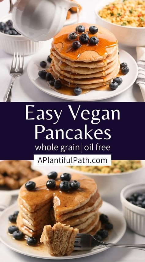 Delicious vegan whole wheat pancakes are quick and easy to make with simple ingredients. Enjoy these oil free pancakes for a plant based breakfast your whole family will love. Plant Based Pancakes, Vegan Pancakes Easy, Vegan Pancake Recipes, Oil Free Vegan Recipes, Plant Based Recipes Breakfast, Whole Wheat Pancakes, Wheat Pancakes, Vegan Pantry, Vegan Breakfasts