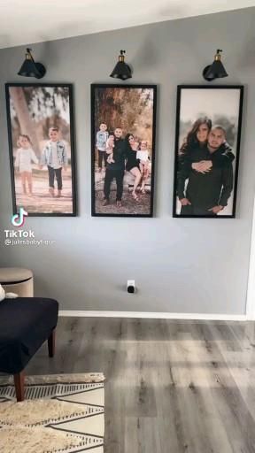 Large Family Photo Wall Ideas Living Rooms, Smallwoods Family Pictures, Living Room Family Picture Wall Farmhouse, Photo Accent Wall Ideas, Large Picture Wall Ideas Photo Displays, Smallwoods Above Couch, Family Photo Accent Wall, Acrylic Family Photo Wall, Family Photo Above Couch