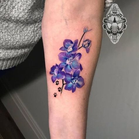 Larkspur Flower Tattoo Color, Larkspur Tattoo Color, Flower Tattoos Purple, Purple Flower Tattoos For Women, Delphinium Flower Tattoo, Amelia Tattoo, Realism Flower Tattoo, July Birth Flower Tattoo Larkspur, Purple Flower Tattoo