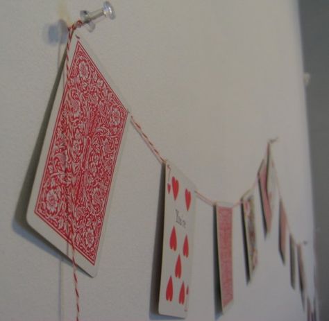 playing card garland Card Garland, Wonderland Nursery, Hanging From Ceiling, Playing Card Crafts, Formal Ideas, Valentines Ideas, Room Stuff, Card Crafts, Creative Things