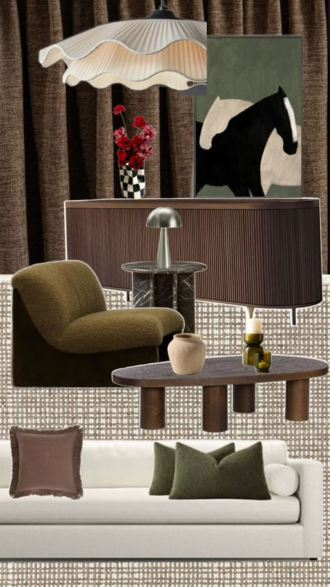 Moody and cozy living room design featuring warm colors and different textures. Made by Zydrune Sabockyte Earthy Cozy Apartment, Cb2 Aesthetic, Eclectic Cozy Living Room, Unisex Living Room, Moody Interior Design Living Rooms, Moody Mood Board, Living Room Collage, Mood Boards Interior Design, Interior Design Collage