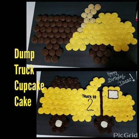 Dump Truck cupcake cake I made for my 2 year old nephew! Dump Truck Pull Apart Cupcakes, Cupcake Construction Cake, Dump Truck Cupcake Cake, Excavator Cupcake Cake, Construction Cupcake Cake, Truck Birthday Cupcakes, Truck Cupcake Cake, Dump Truck Cupcakes, Dump Truck Cake