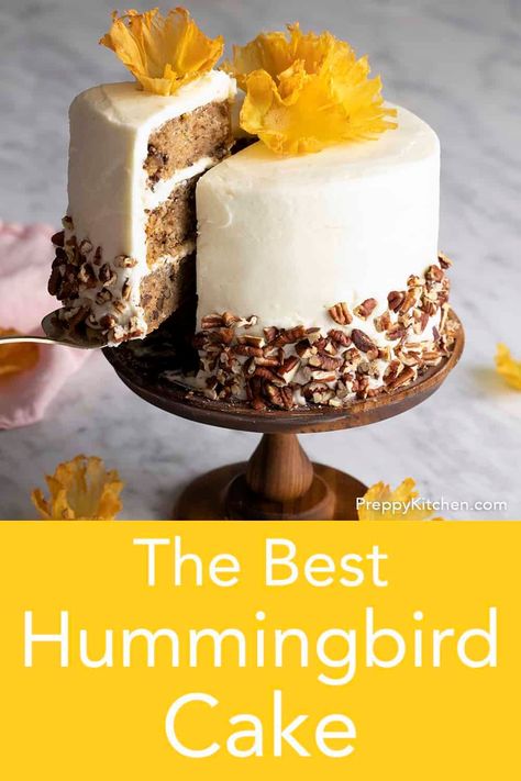 This easy and delicious hummingbird cake from Preppy Kitchen is made with pineapple, banana, pecans and cinnamon all covered in a dreamy cream cheese frosting. #bestcakes #hummingbirdcake #besthummingbirdcake Banana Pineapple Cake, Hummingbird Cake Recipe, Recipe With Pineapple, Dessert Easter, Hummingbird Cake Recipes, Southern Cake, Pineapple Flowers, Hummingbird Cake, Preppy Kitchen