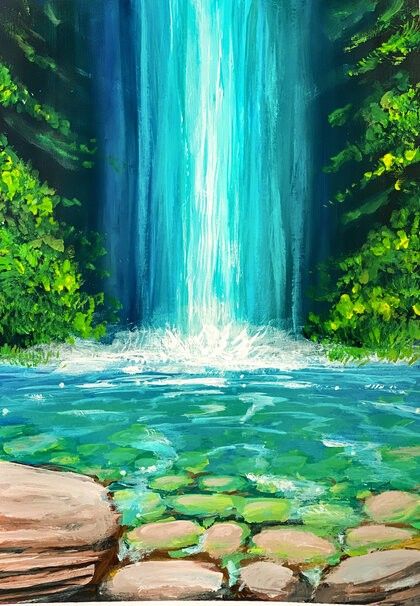 Fantasy Painting Easy, River Painting Easy, Waterfall Painting, Mini Canvases, Easy Landscape Paintings, Stippling Art, Waterfall Paintings, Waterfall Art, Canvas Paint