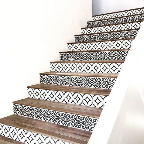 Stairs Tiles Design, Stair Dimensions, Stair Decals, Stairway Decorating, Stair Riser Decals, Cement Tile Shop, Beautiful Stairs, Stairs Makeover, Stair Stickers