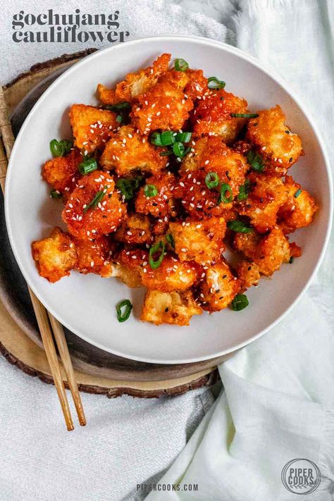 Looking for a delicious twist on cauliflower? Try this Gochujang Cauliflower recipe featuring crispy breaded florets smothered in spicy gochujang sauce. It's a flavor explosion that's easy to make and impossible to resist. Elevate your veggie game with this irresistible dish that's perfect for any occasion. Gochujang Cauliflower Recipe, Gojuchang Recipe, Gochujang Cauliflower, Roasted Broccoli And Carrots, Gochujang Recipe, Cauliflower Sauce, Cauliflower Bread, Spicy Cauliflower, Roasted Vegetables Oven