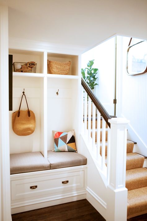 Before and After: A Raw Seattle Basement Becomes a Calming Retreat via @MyDomaine Open Basement Stairs, Open Basement, Built In Lockers, Mudroom Entryway, Under The Stairs, Mudroom Design, Basement Stairs, Basement Design Ideas, Basement Bedrooms