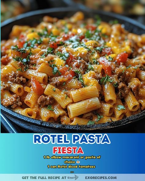 "Looking for a delicious and easy dinner idea? Try this Rotel Pasta Fiesta recipe! Packed with flavor and so simple to make. #RotelPasta #EasyDinner #PastaRecipe #FiestaFood #DeliciousMeal" Rotel Pasta Fiesta, Rotel Pasta, Best Scalloped Potatoes, Fiesta Recipes, Cheesy Ranch Potatoes, Rotel Recipes, Cheesy Mashed Potatoes, Rotel Tomatoes, Slow Cooker Tacos