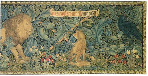 Forest Tapestry was designed by Morris (flowers and background), architect and friend P.Webb (animals), J.H.Dearle (floral details). It was woven out of wool and silk in Merton Abbey workshops. Dearle, created natural dyes. Inscription across original: "The Beasts that be in woodland waste, now sit and see nor ride nor haste" later appeared as "The Lion" in Morris's Poems by the Way (1891).  'Forest' design became most popular of Morris and Co. Original is in Victoria and Albert Museum. Gothic Tapestry, Wall Tapestry Bedroom, Contemporary Tapestries, Wall Colours, Forest Tapestry, Medieval Tapestry, William Morris Art, William Morris Designs, Master Drawing