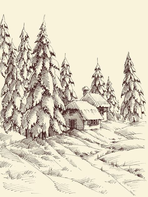 Winter Landscape Sketch, Pine Tree Sketch Simple, Winter Forest Drawing, Pine Forest Drawing, Forest Sketch Simple, Cabin In The Woods Drawing, Forest Drawing Simple, Winter Season Drawing, Winter Landscape Drawing