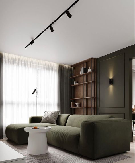 Moody Olive Green Living Room, Living Room Designs Masculine, Masculine Modern Decor, Grey Kitchen Living Room, Dark And Moody Studio Apartment, Luxury Masculine Living Room, Sage Couch Living Room, Masculine Interior Design Living Room, Masculine Living Room Decor