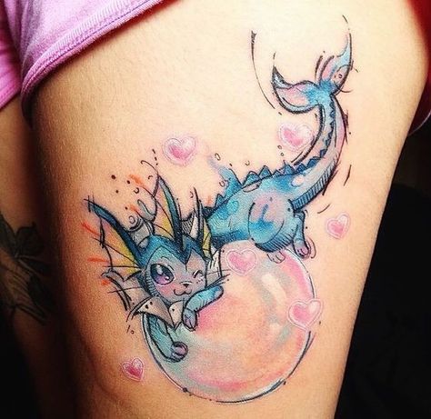 Vaporeon watercolored tattoo on the thigh done by @chibstattoo | www.otziapp.com Vaporeon Tattoo, Eevee Tattoo, Evolution Tattoo, Pikachu Tattoo, Geek Tattoo, Pokemon Tattoo, Kawaii Tattoo, Anime Tattoo, Gaming Tattoo