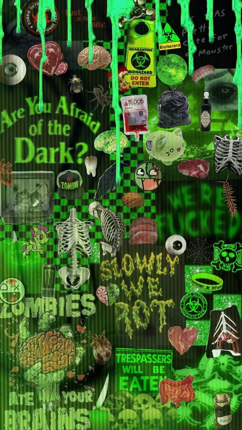 Spoopy seson, hell yeah #halloween #halloweenaesthetic #zombie #green #zombiecore #toxic Cute Zombie Wallpaper, Zombie Core Aesthetic, Zombie Wallpaper Aesthetic, Zombie Moodboard, Zombie Aesthetic, Zombie Background, Zombie Wallpaper, Zombie Cat, Cute Zombie