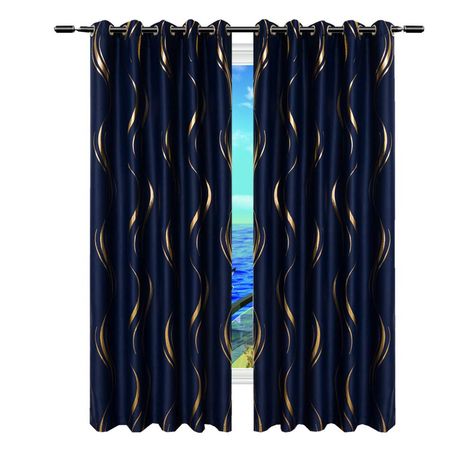 Blue And Gold Curtains, Curtains Design Ideas, Black And Gold Curtains, Blue And Gold Living Room, Living Room Navy, Blue And Gold Bedroom, Curtains Design, Silver Curtains, Gold Bedroom Decor