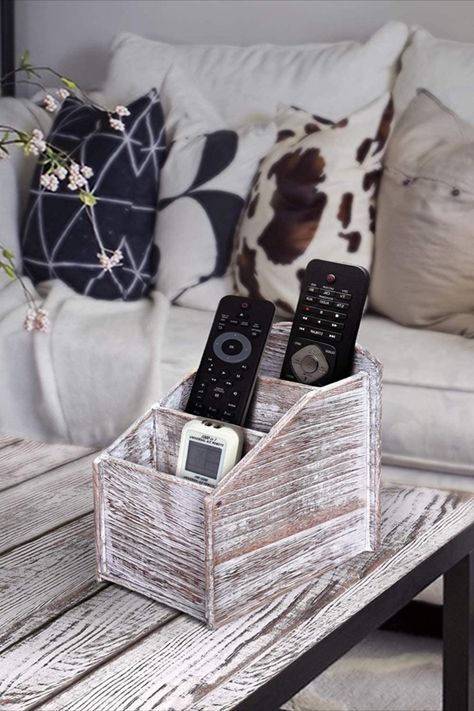 Rustic White 3-Slot Wooden Caddy Holder for Office, Desk Supplies & Media Controls – Great Décor Wooden Caddy, Office Desk Supplies, Wooden Room, Remote Control Holder, Paulownia Wood, Remote Holder, Desk Supplies, Rustic Colors, Space Organizer