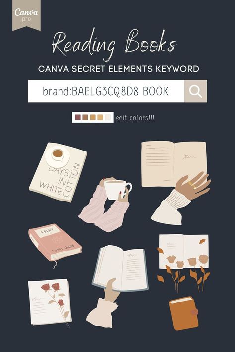 Canva Pro keywords for pastel books elements aesthetic! Find secret hidden design elements in Canva Pro. You can change colors of these elements in Canva. Simply search the secret codes for aesthetic illustrations and scroll through these and even more beautiful elements. Code is: brand:BAELG3CQ8D8 BOOK . Canva Word Ideas, Canva Hidden Elements, Canva Search Elements, Canva Secrets Elements, Canva Secret Code, Canva Book Elements, Canva Pro Elements Aesthetic, Canva Sticker Keyword Aesthetic, Canva Design Ideas Aesthetic