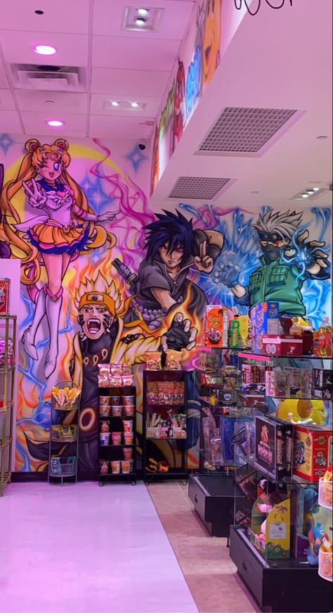 Anime Restaurant Aesthetic, Game Shop Aesthetic, Anime Stores In Japan, Anime Store Background, Manga Shop Aesthetic, Anime Store Aesthetic, Anime Shopping Aesthetic, Anime Convention Aesthetic, Toy Store Aesthetic