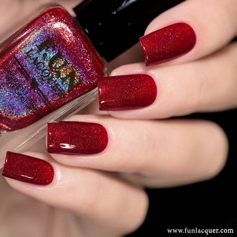 Powerful Red Holographic, Fun Lacquer, Stunning Nails, Holographic Nail Polish, Red Nail Polish, Disney Nails, F U, Holographic Nails, Chrome Nails